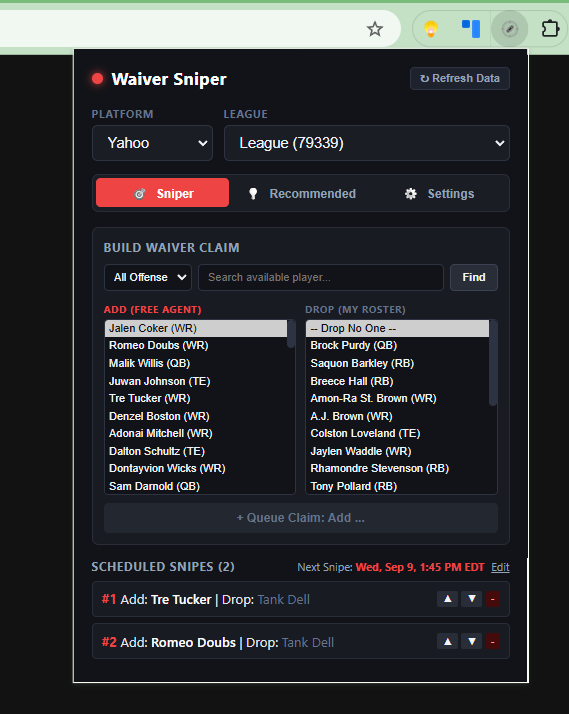 Waiver Sniper Claim Interface